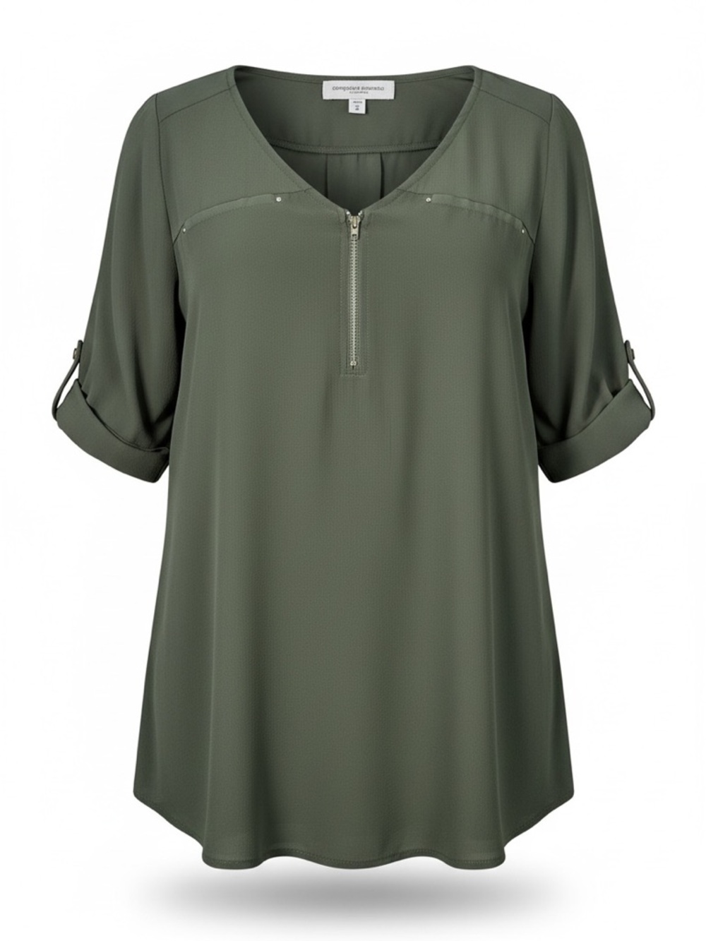 Tempted Hearts Olive Green Zip-Front Blouse Roll Tab Sleeves| Size 1X